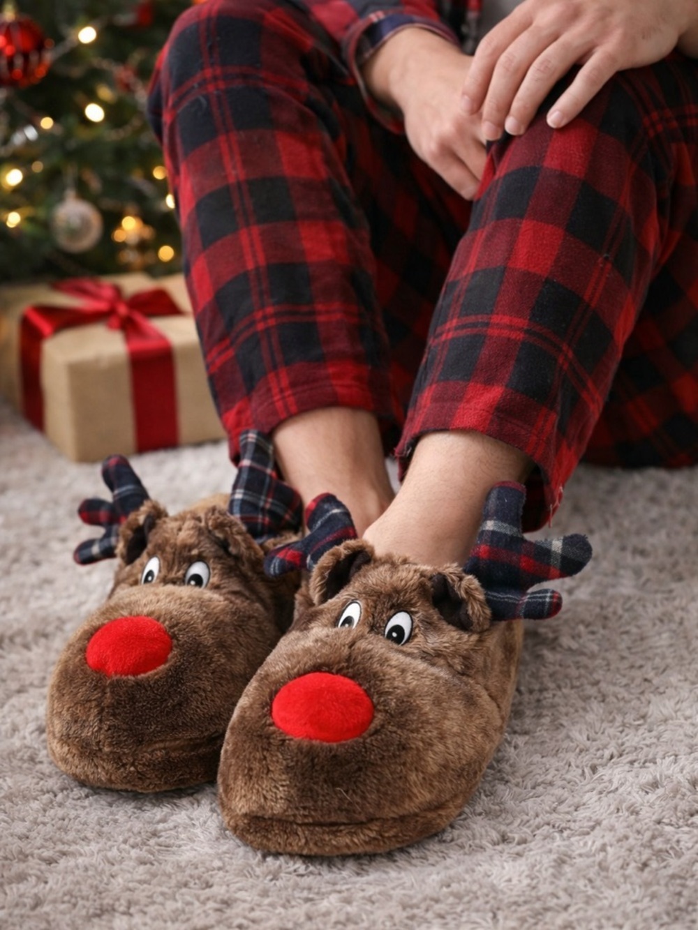 BNWOT🎄 Cozy Reindeer Slippers w/ Red Nose – Men’s L (11/12) – New 🦌